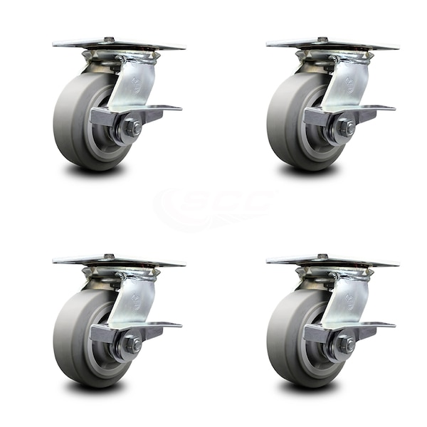 5 Inch Heavy Duty Thermoplastic Caster Set with Ball Bearings and Brakes SCC